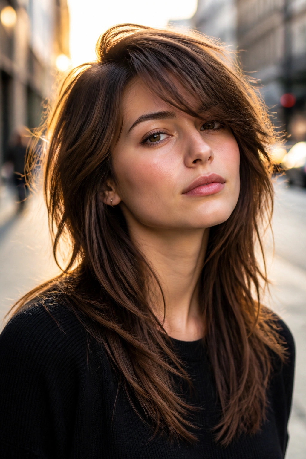 Close-up portrait of a real woman with side-swept fringe and razor-cut shag