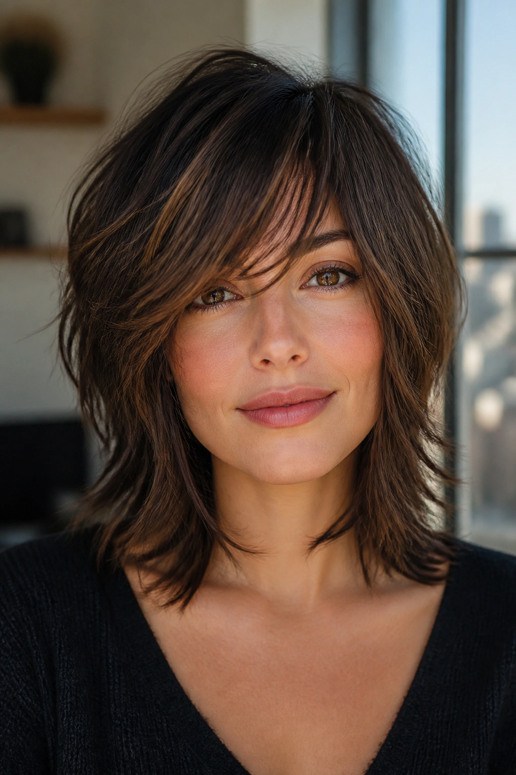 Close-up portrait of a real person with razor-cut shag and sweeping fringe