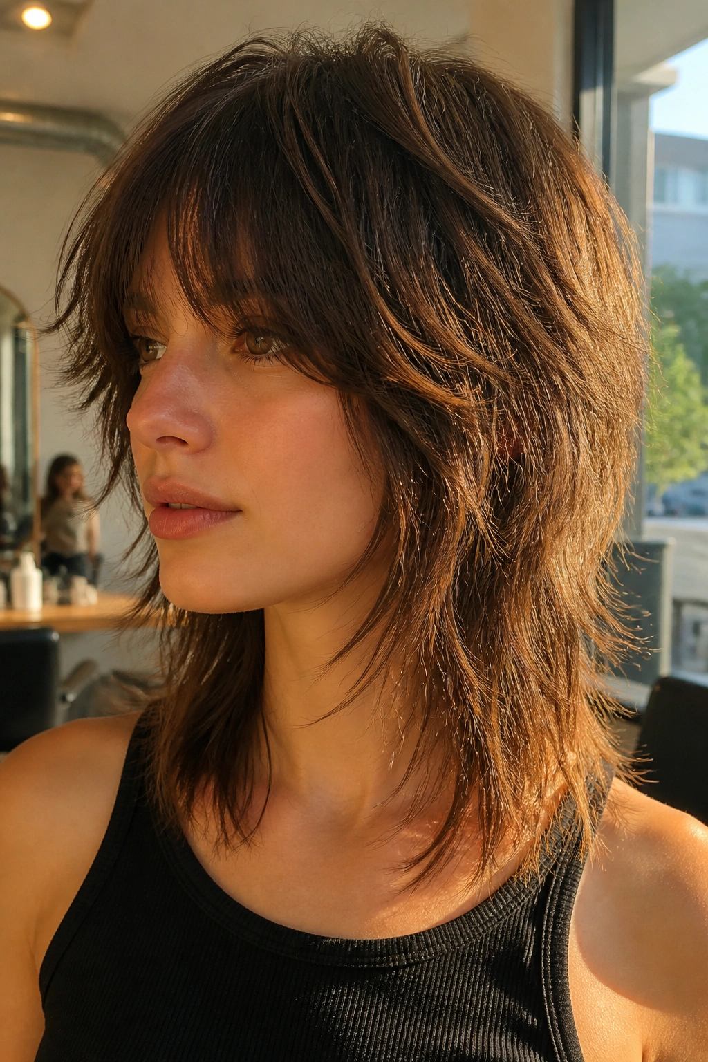 Portrait of real person with razor-cut shag showing softened edges and texture