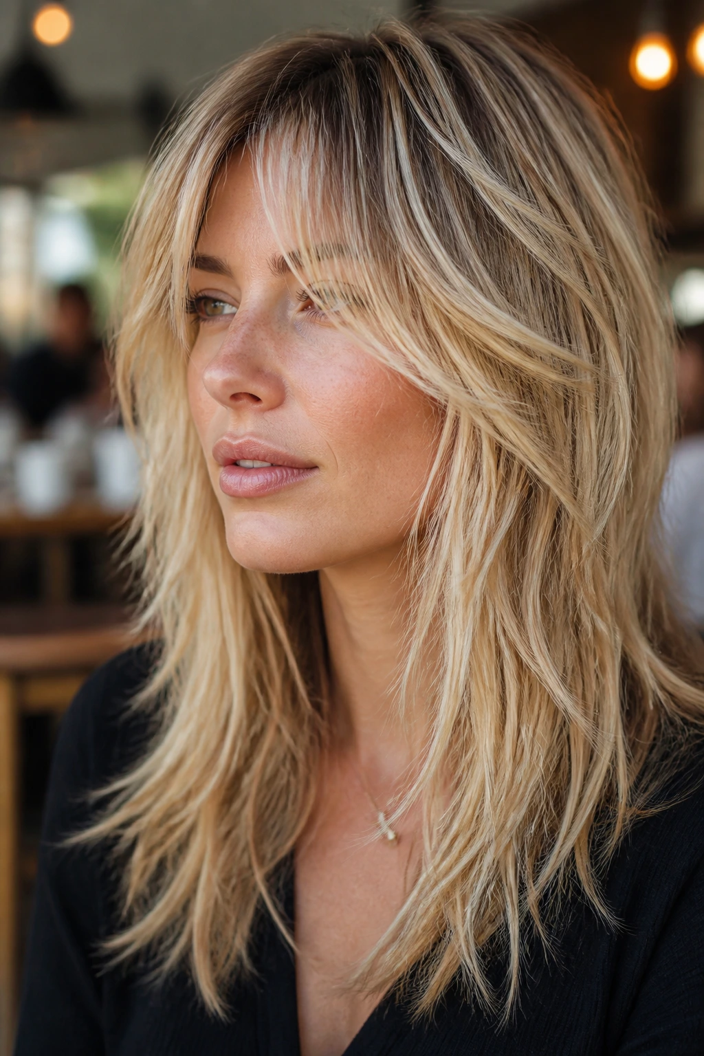 Close-up of a real woman with razor-cut shag and piecey texture in blonde hair
