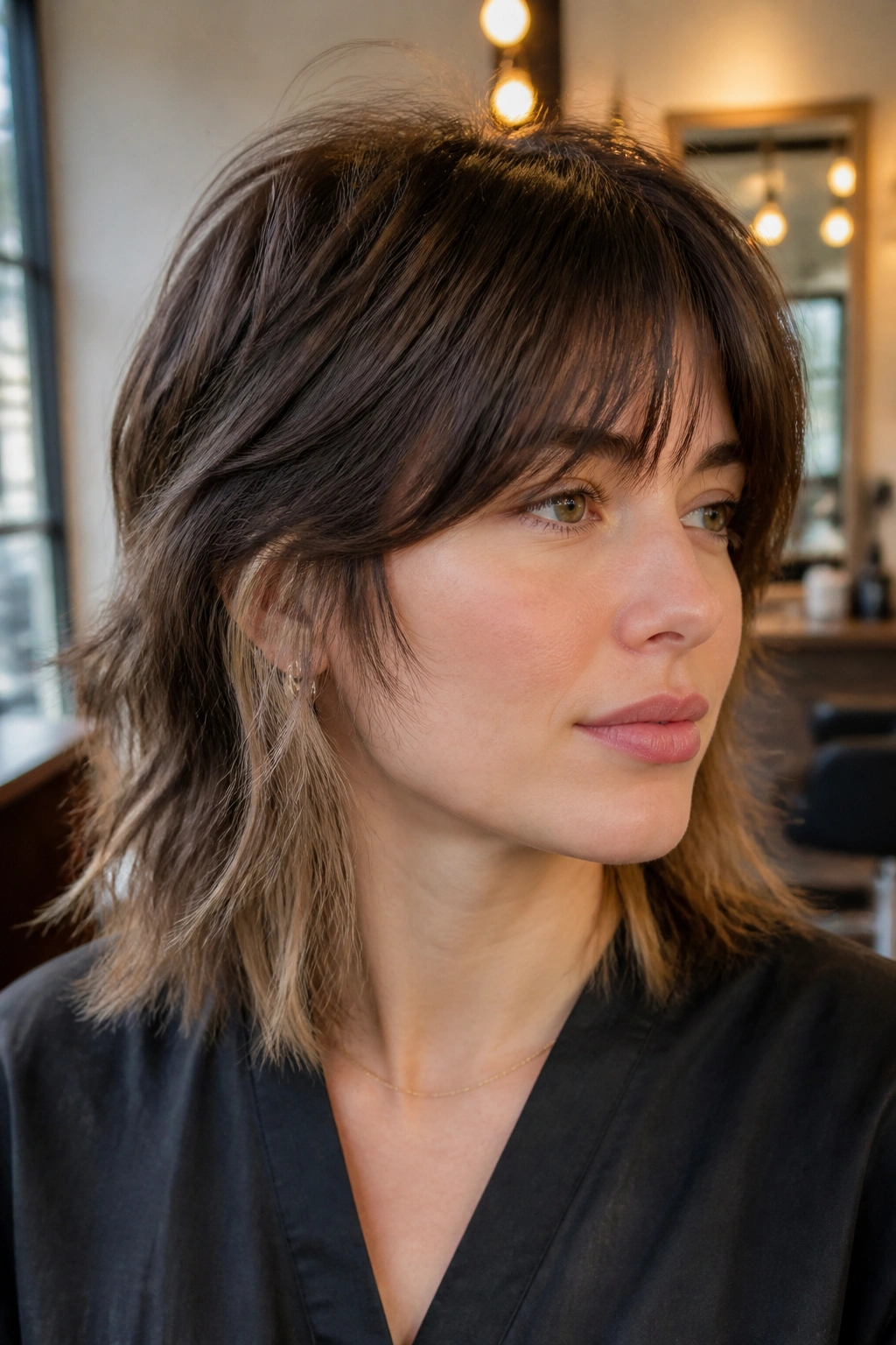Close-up portrait of a real woman with Razor-Cut Shag With a Soft Under-Cut Illusion, airy edges and movement