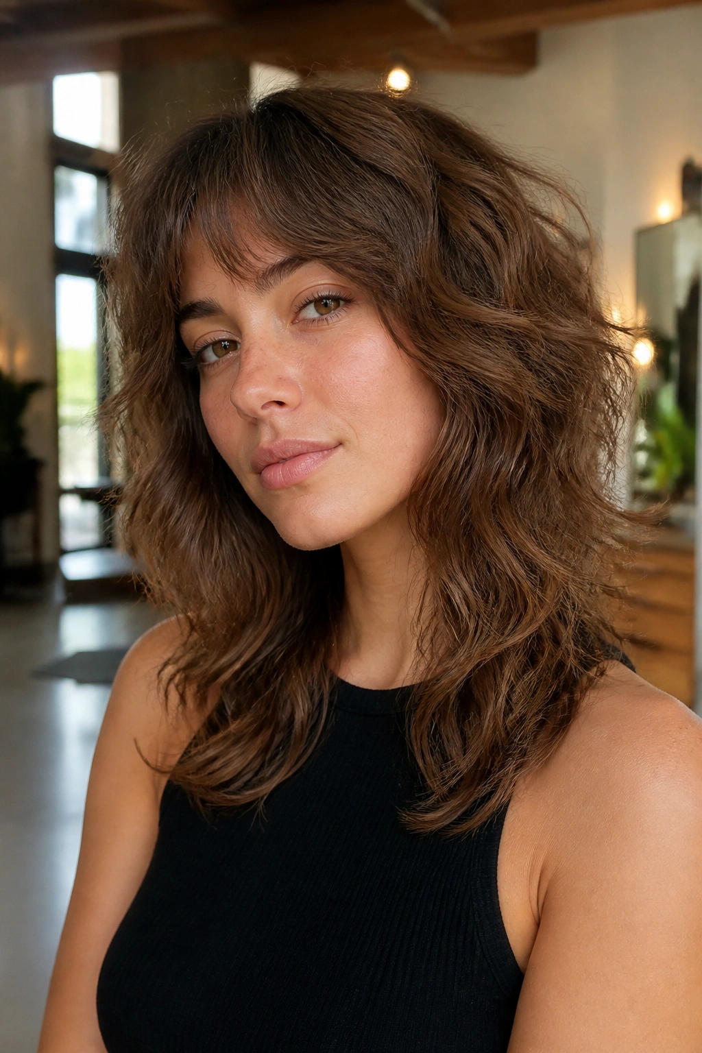 Close-up of a real person with razor-cut shag and airy ends in a sunlit salon