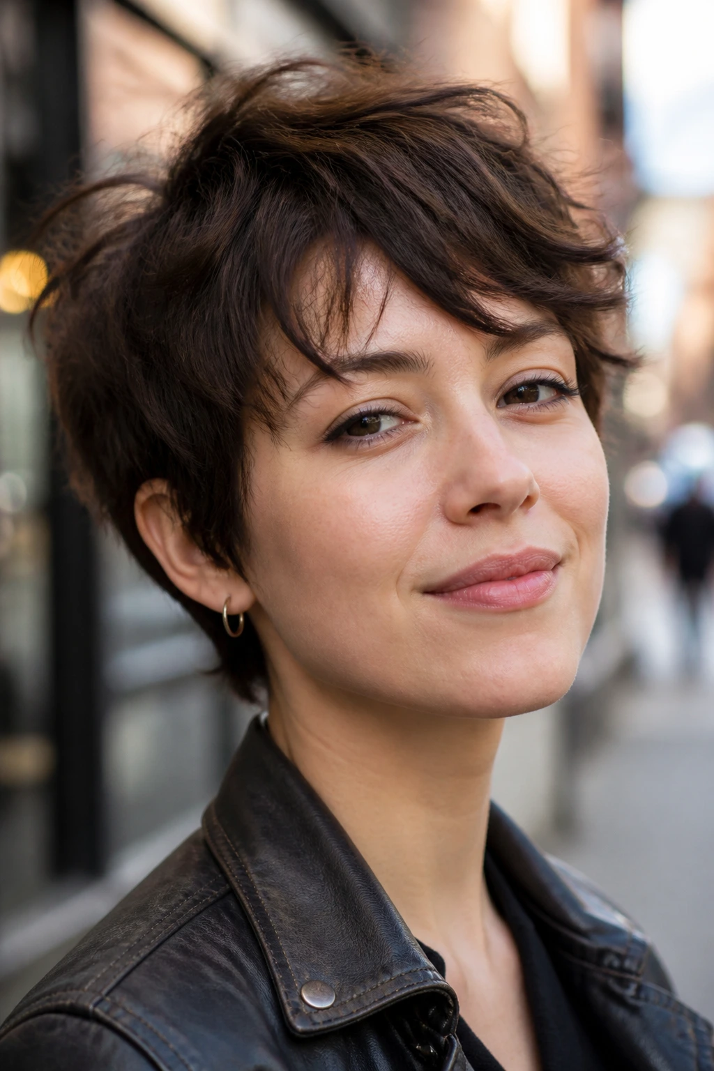 Close-up of a woman with Razor-Cut Shaggy Pixie in outdoor daylight