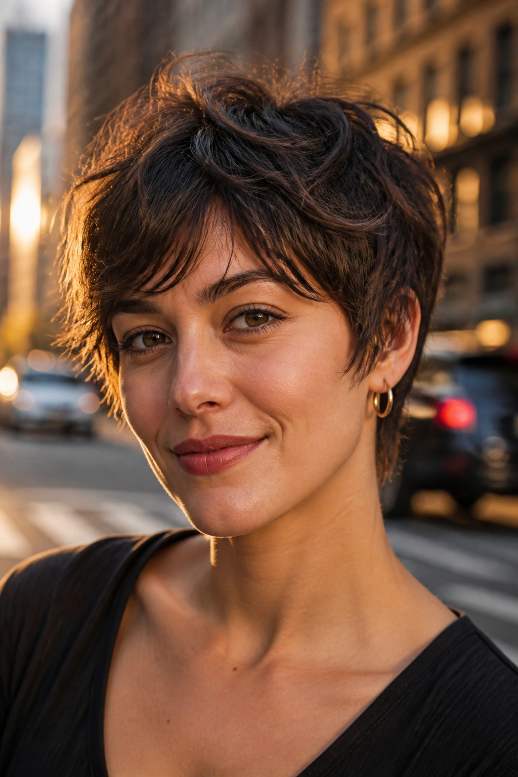 Portrait of a real woman with a razor-cut shaggy pixie, rough edges and layered crown.