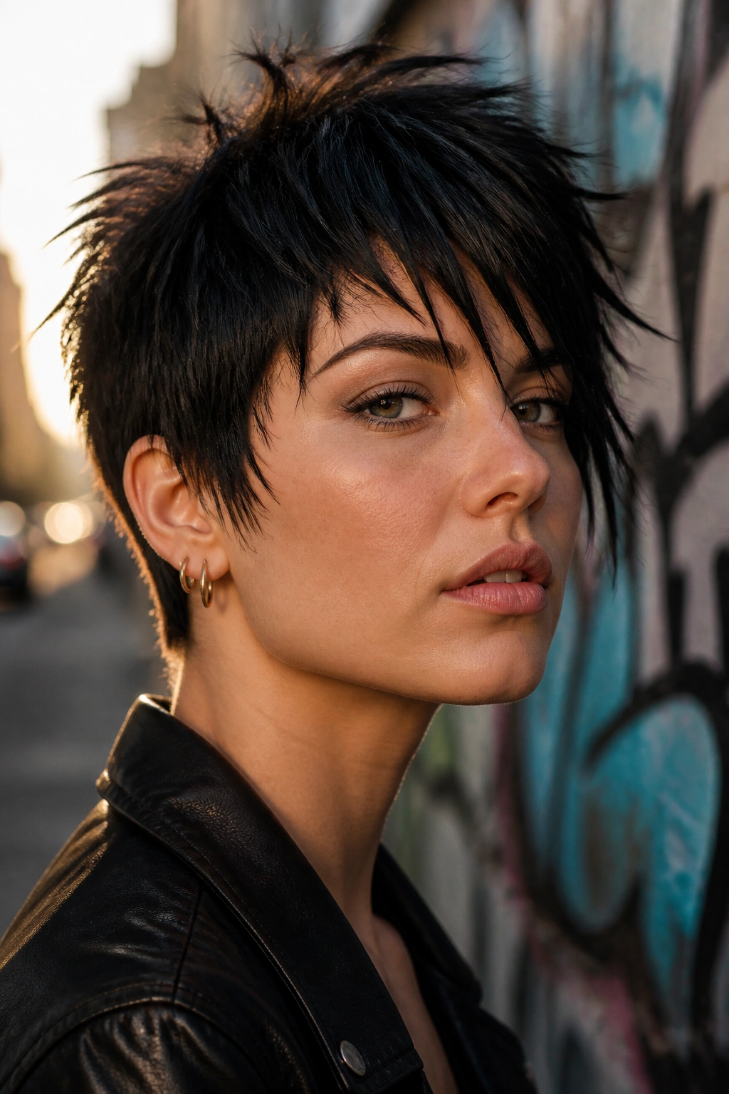 Close-up of real person with razor-cut shattered pixie, edgy textured ends.