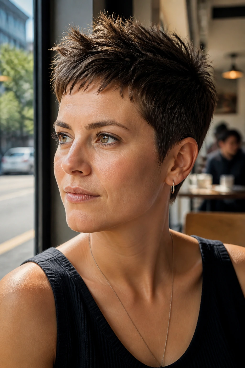 Close-up portrait of a real person with a razor-cut short crop showing textured, directional hair
