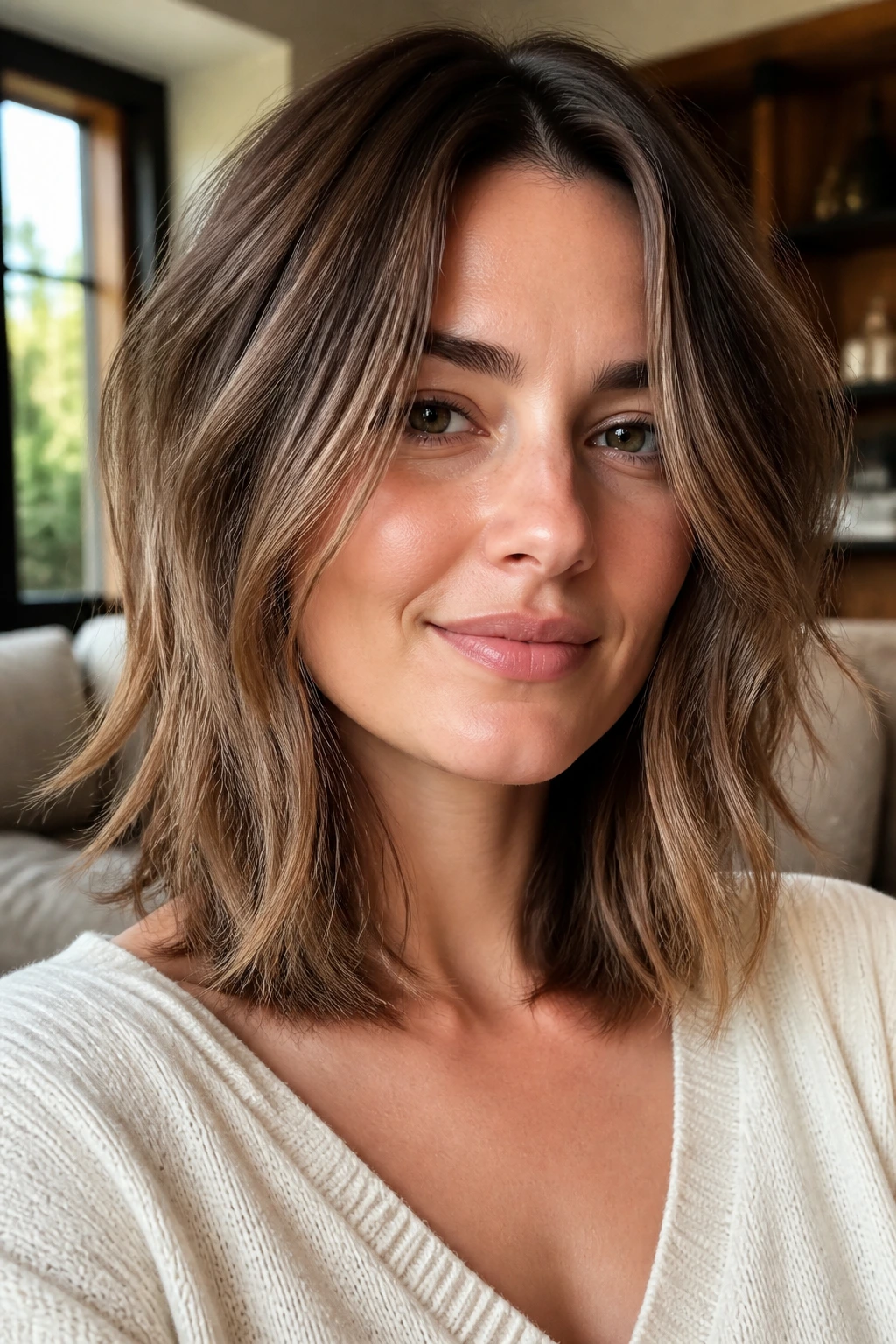 Close-up portrait of a woman with razor-cut shoulder-length hair softly framing the jaw