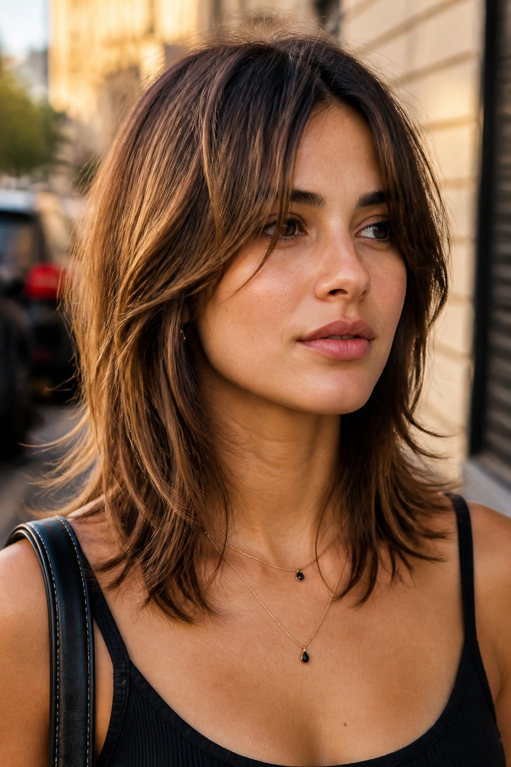 Close-up portrait of a woman with razor-cut shoulder-length layers in urban daylight