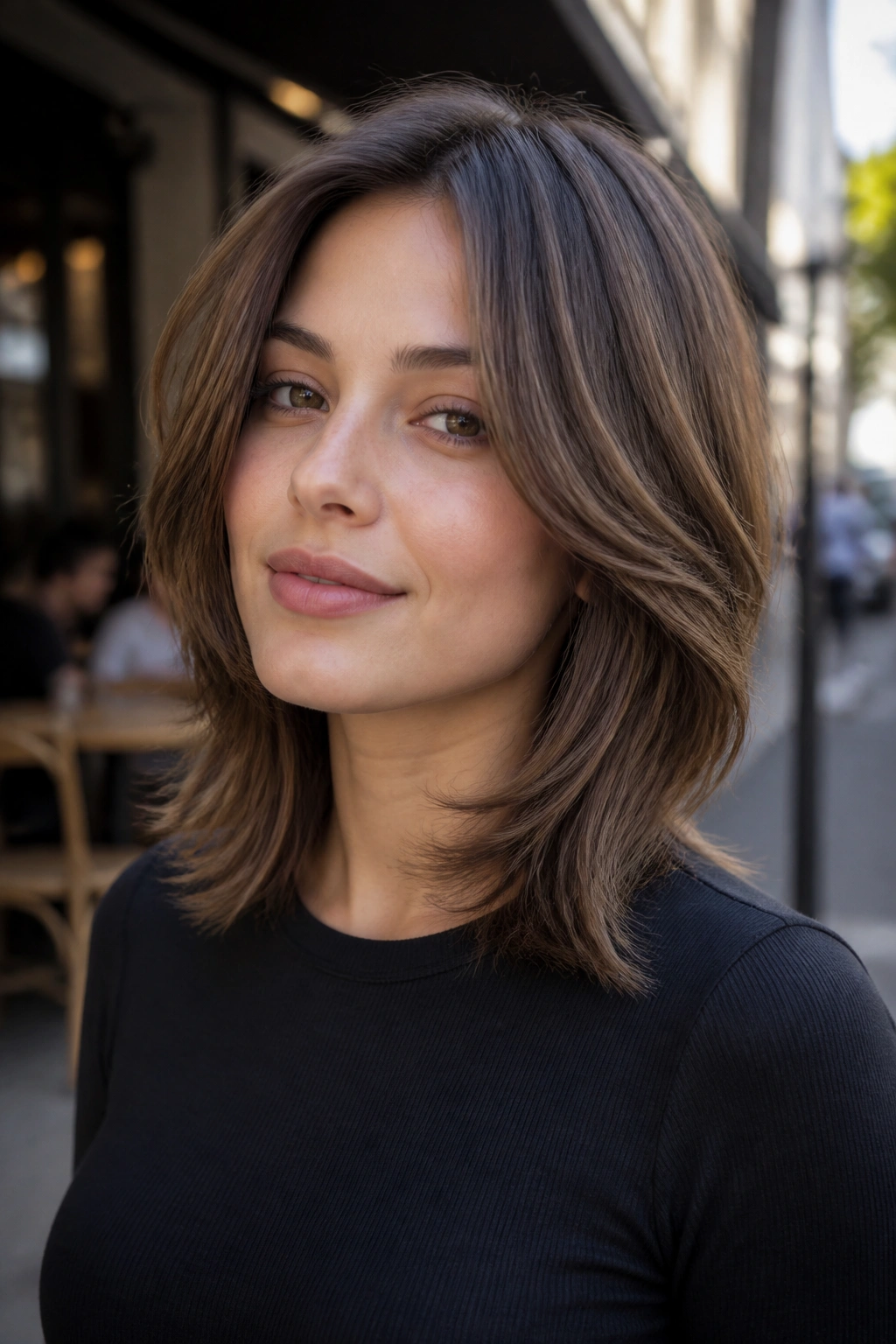 Close-up of a real person with razor-cut shoulder-length layers and soft perimeter.
