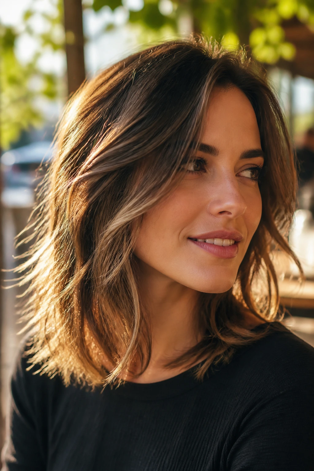 Portrait of a real woman with razor-cut shoulder-length hair showing movement