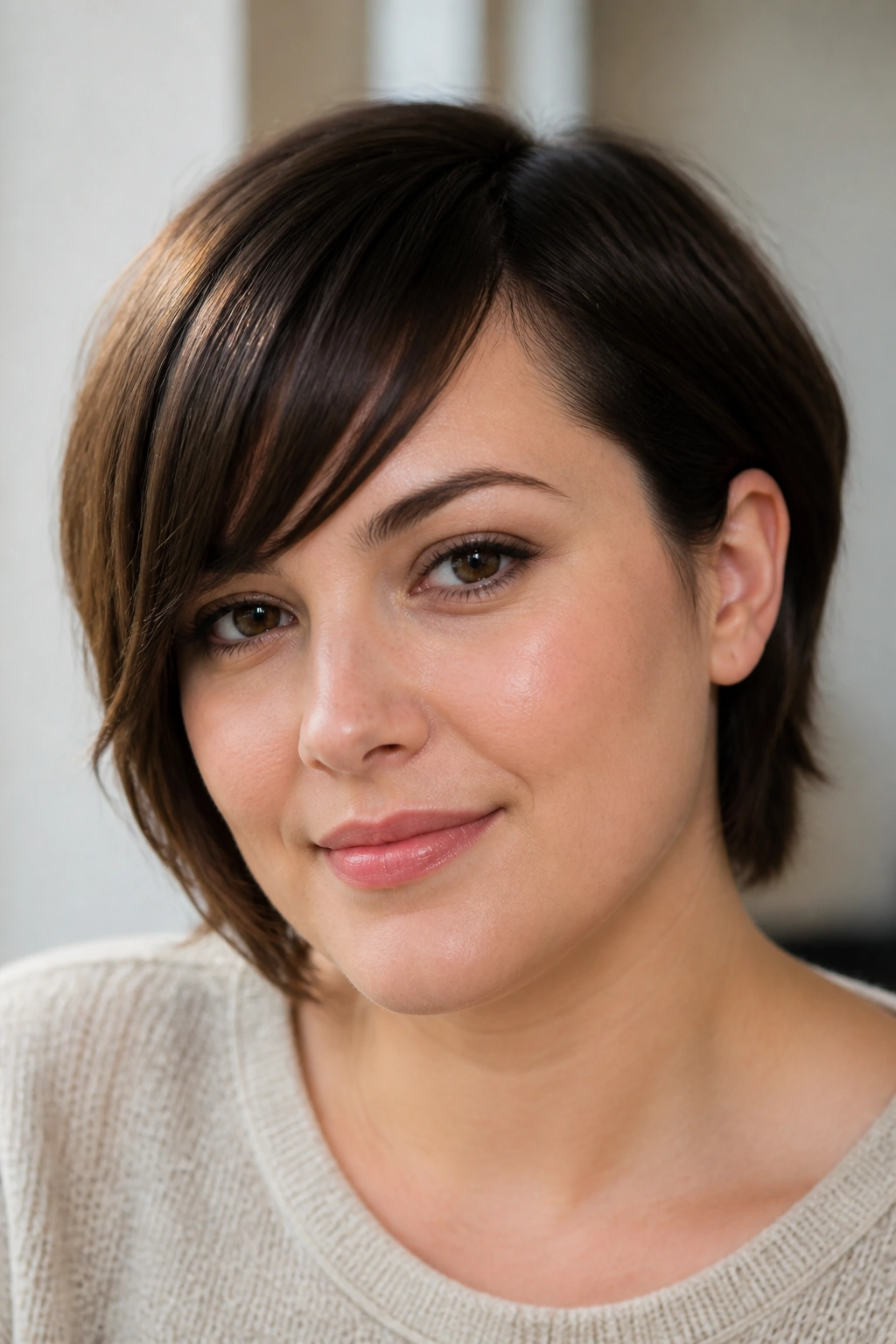 Close-up of a person wearing razor-cut side bangs tapering toward the outer brow