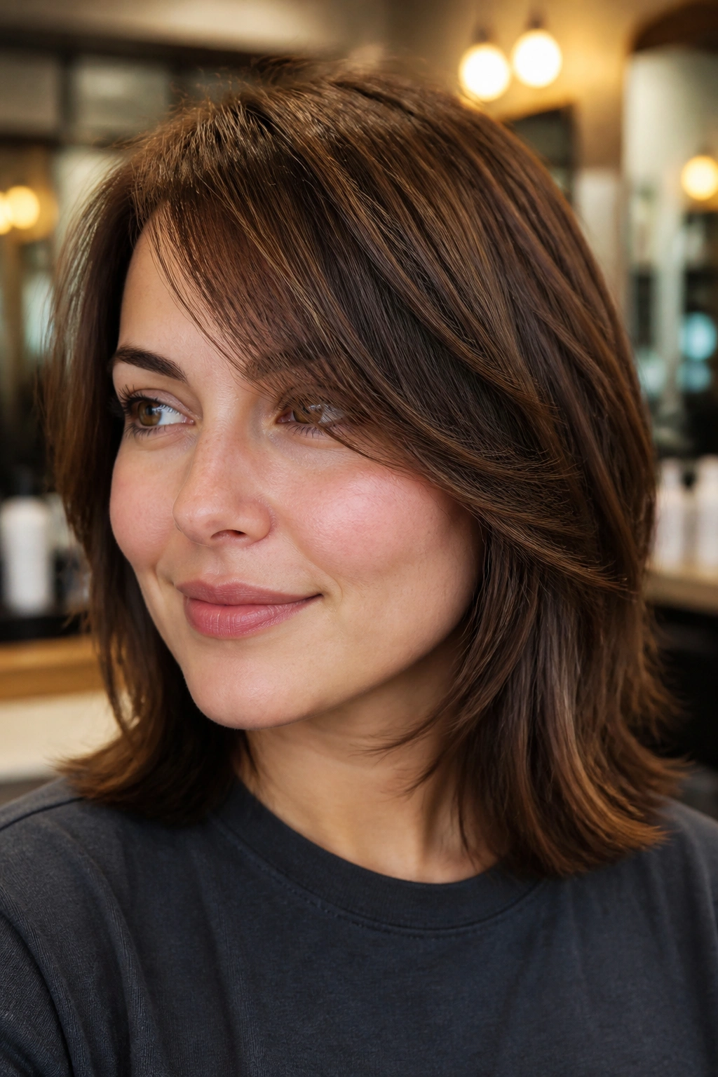 Close-up portrait of a real woman with razor-cut side bangs showing a soft tapered edge