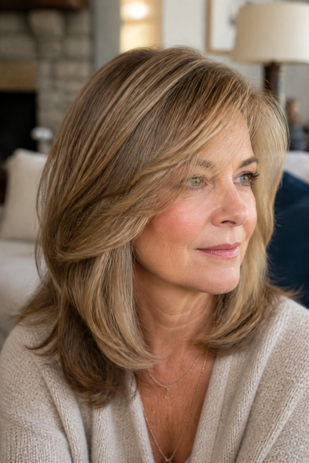 Portrait of a real woman with razor-soft side layers around the face.