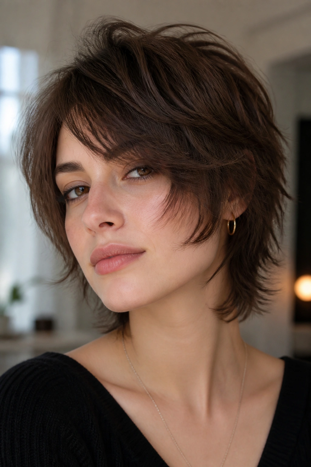 Portrait of a real woman with razor-cut side shag and textured ends