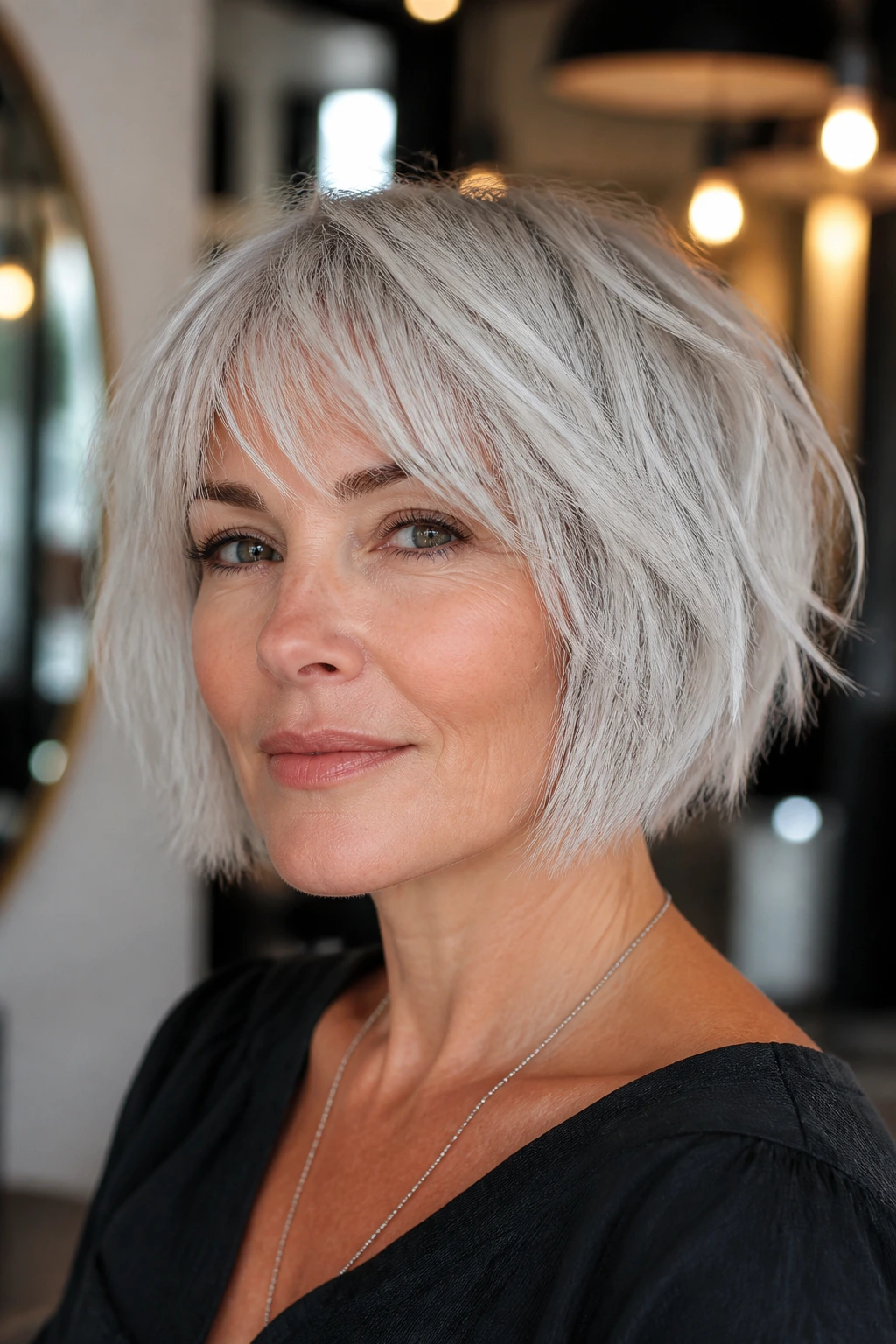 Close-up portrait of a real woman with a razor-cut choppy silver bob and textured ends.