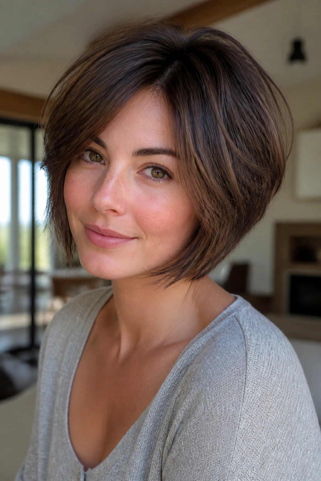 Close-up of a real person with a razor-cut stacked bob showing soft ends and movement