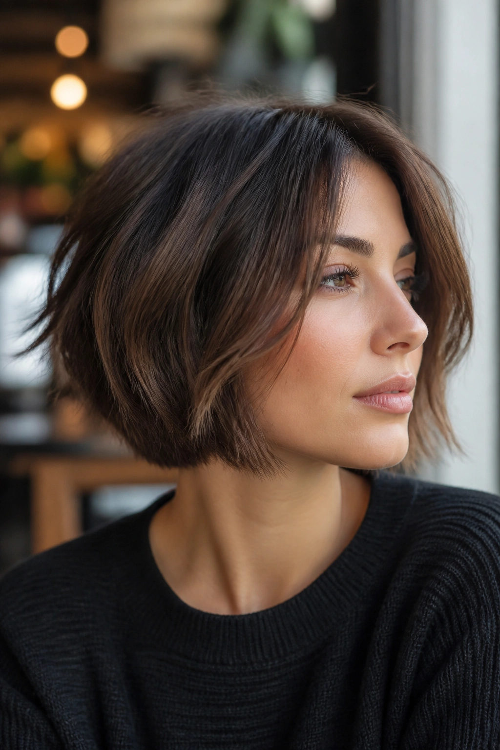Close-up of a real woman with a razor-cut textured bob and broken ends