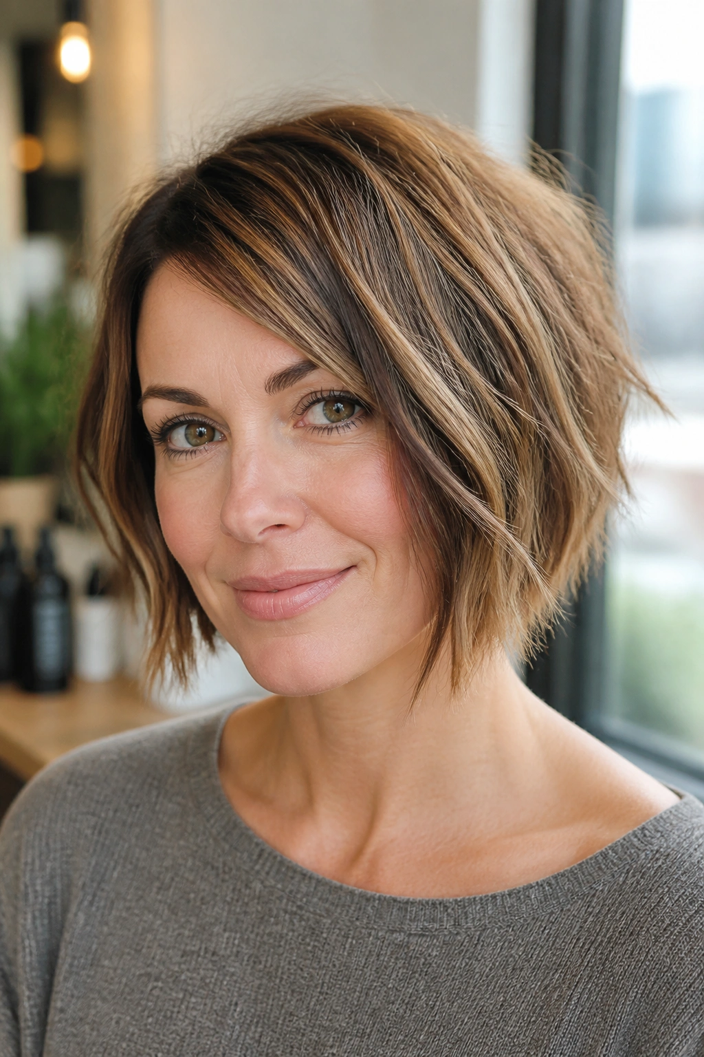 Close-up portrait of a real woman with textured razor bob under warm salon light