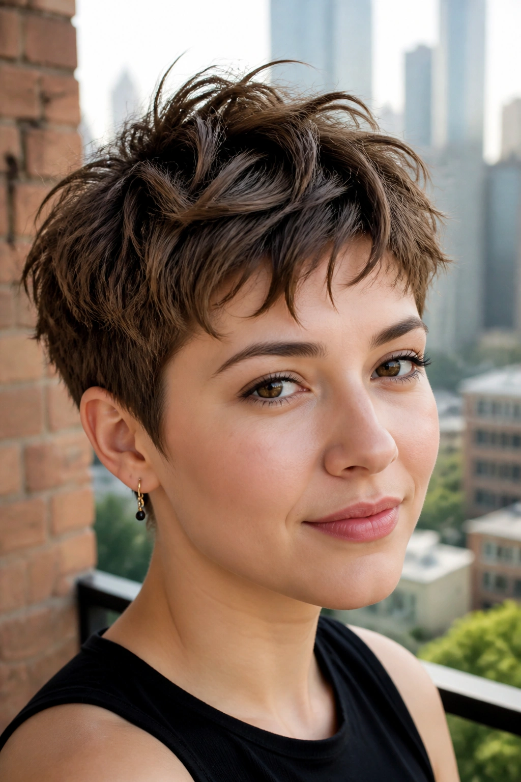 Close-up portrait of a woman with a razor-cut tousled crop and textured ends.