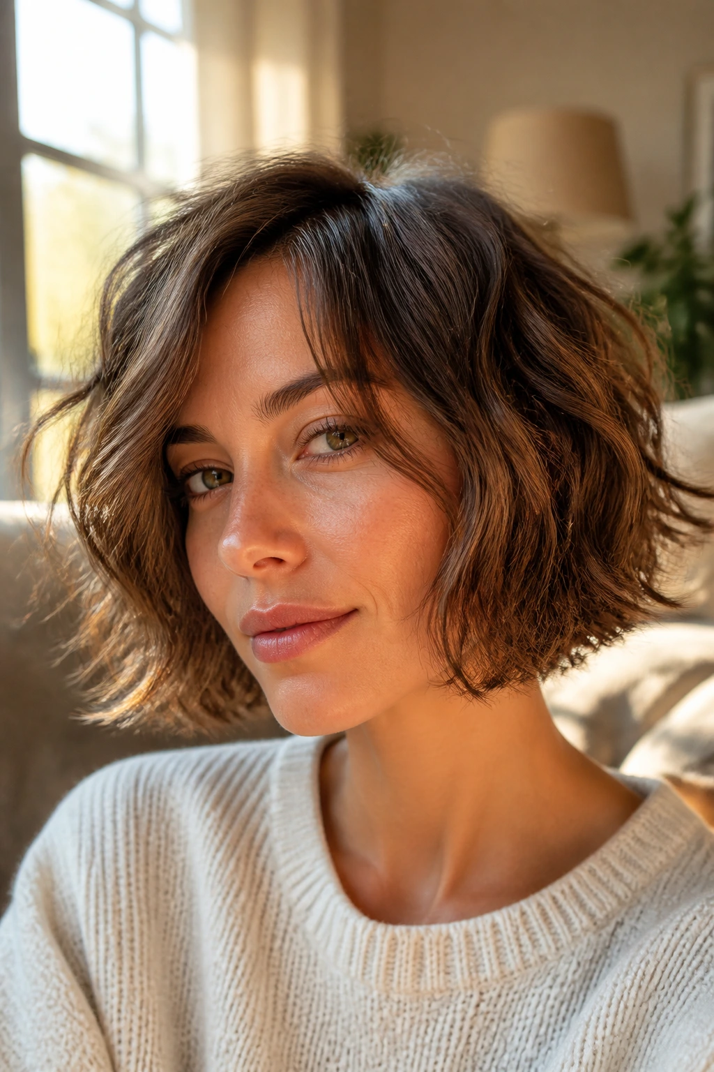 Close-up portrait of a real woman with a Razor Cut Wave Bob in natural window light.