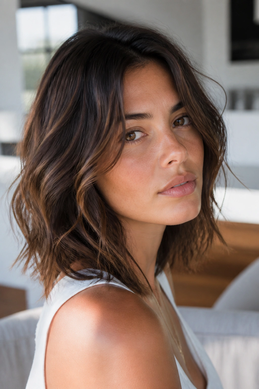 Close-up of a real person with a shoulder-length razor cut showing feathered ends.