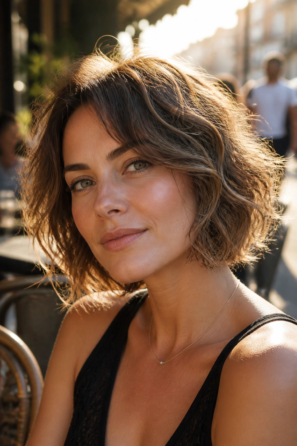 Close-up of a real woman with a razor-cut wavy bob