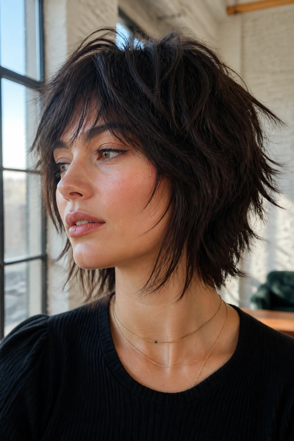 Close-up portrait of a real woman with a razor-cut wolf bob and jagged ends in a bright loft