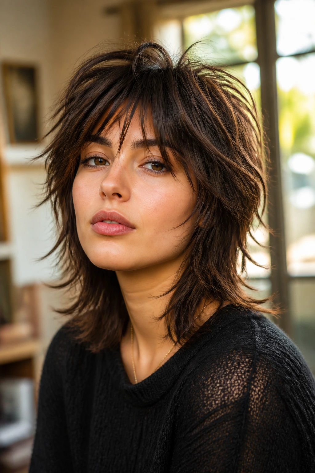 Close-up of a real woman with a razor-cut wolf cut, crown lift and choppy layers in warm window light
