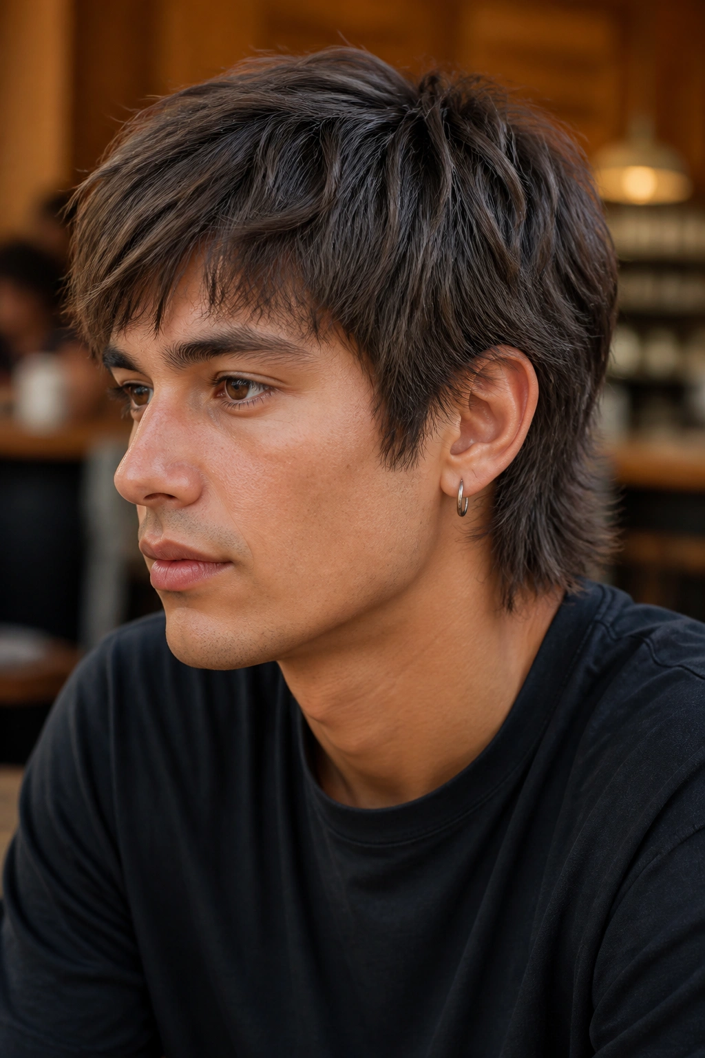 Close-up portrait of a real man with razor-cut wolf cut in a cozy coffee shop