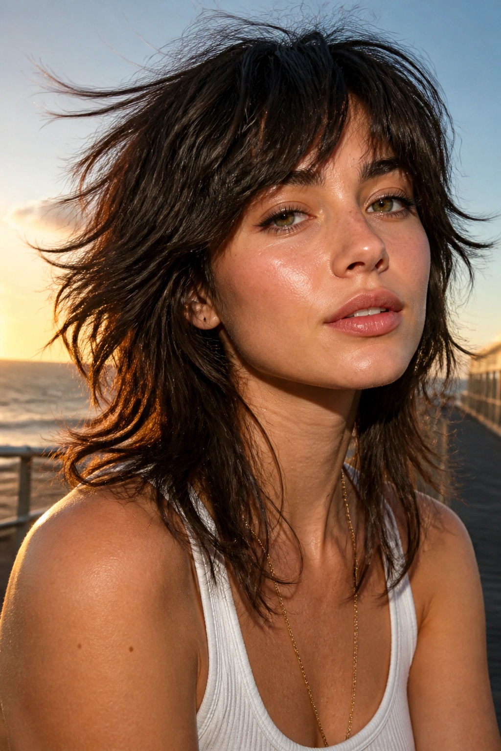 Real woman with razor-cut wolf cut and wispy ends on a windy beach boardwalk