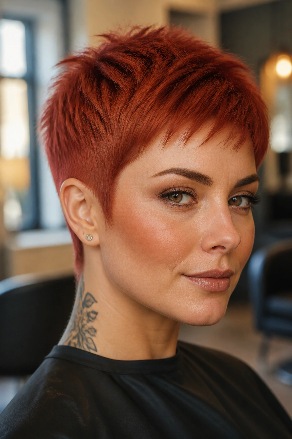 Close-up of a real woman with razor-edge red pixie, sharp edges and copper-matte finish