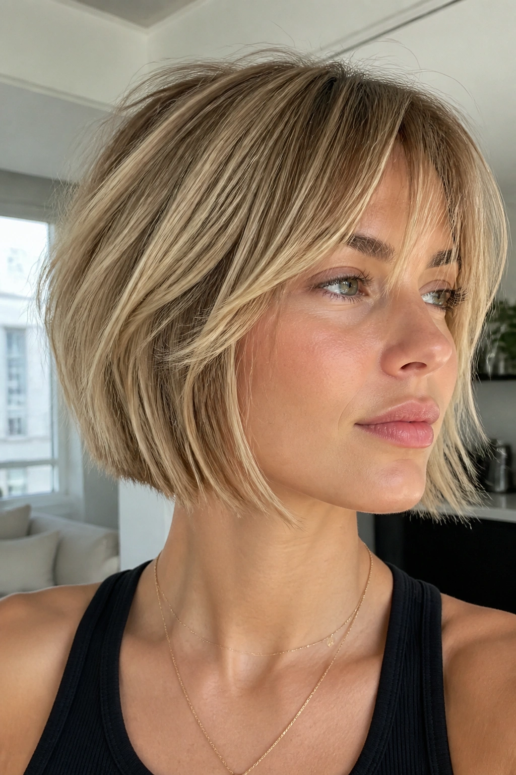 Close-up portrait of a woman with a razor-feathered bob in daylight