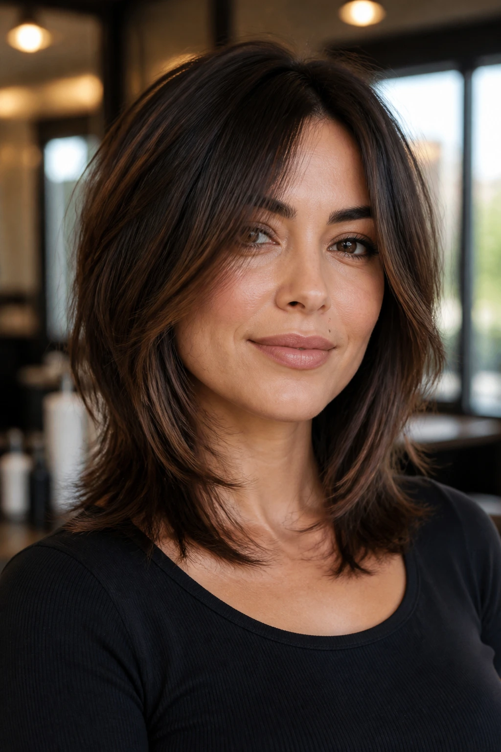 Close-up portrait of a real woman with razor-feathered mid-length cut