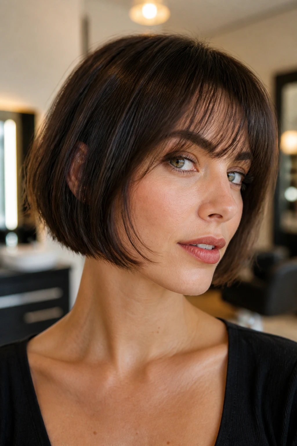 Close-up of a real woman with a razor-finished French bob and feathered ends in a warm salon