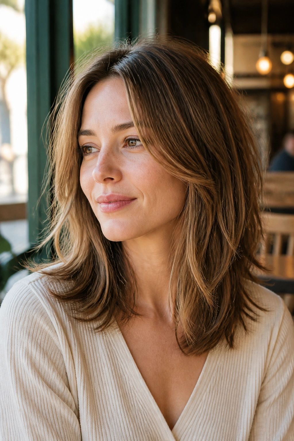 Portrait of a real woman with a razor-free textured mid-length haircut
