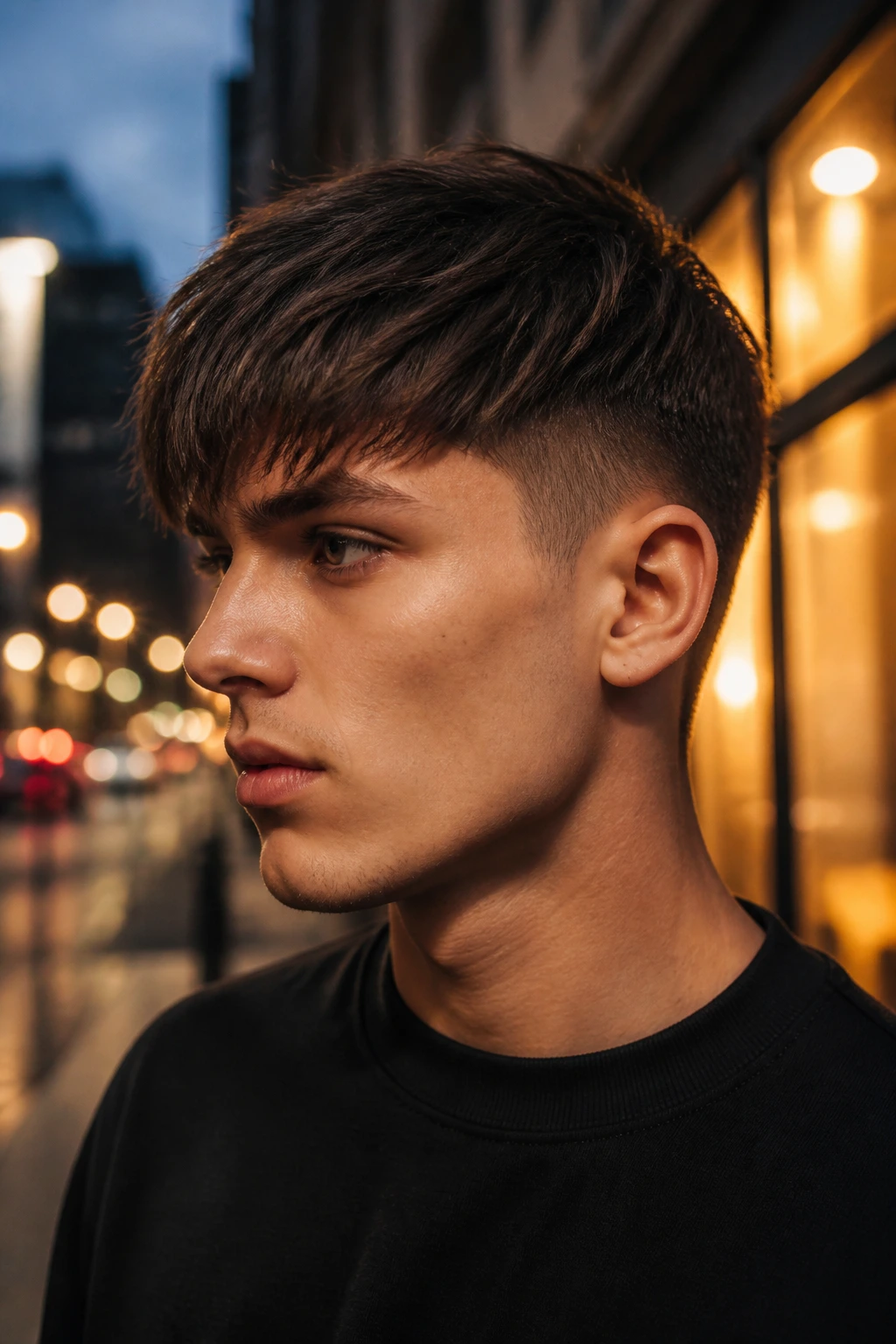 Close-up portrait of a real man with a razor-layered forward crop on a dim urban street at dusk