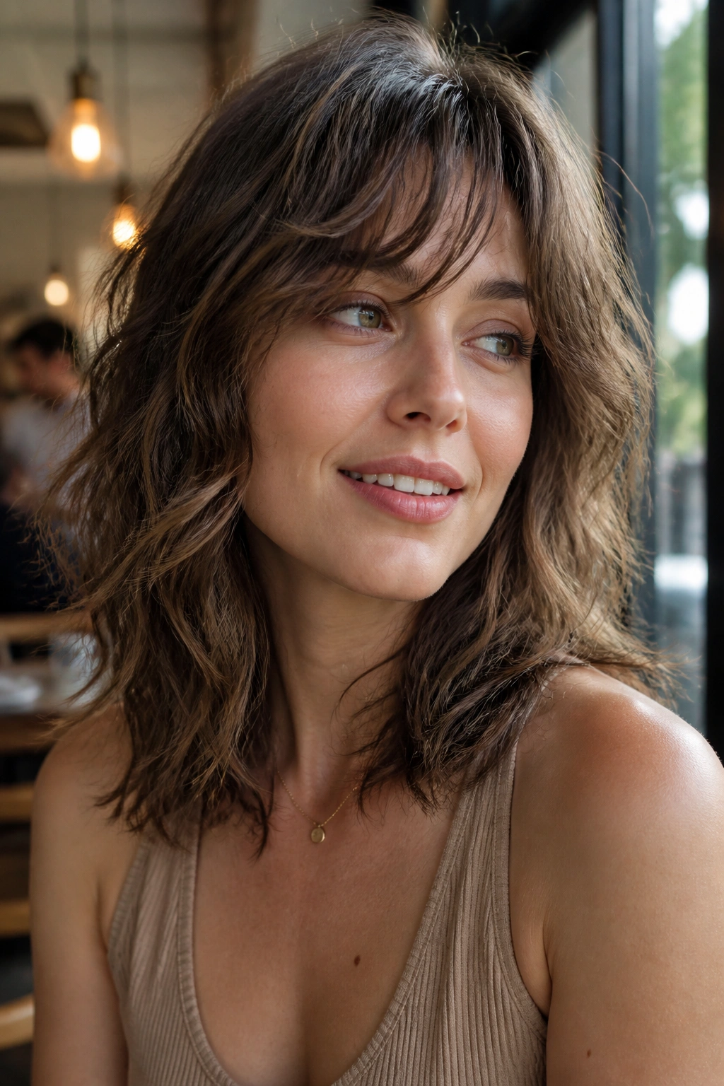 Close-up of woman with razor-layered midi hair and piecey ends in cafe lighting.
