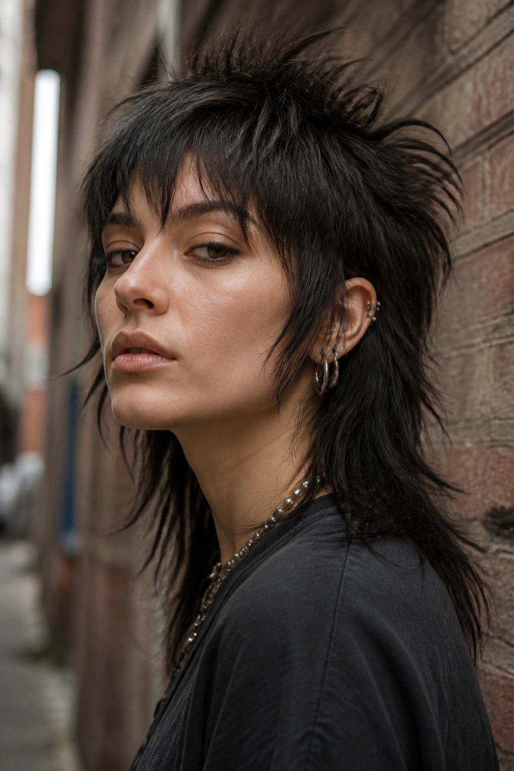 Close-up portrait of a real person with a razor-layered wolfy mullet in an urban setting