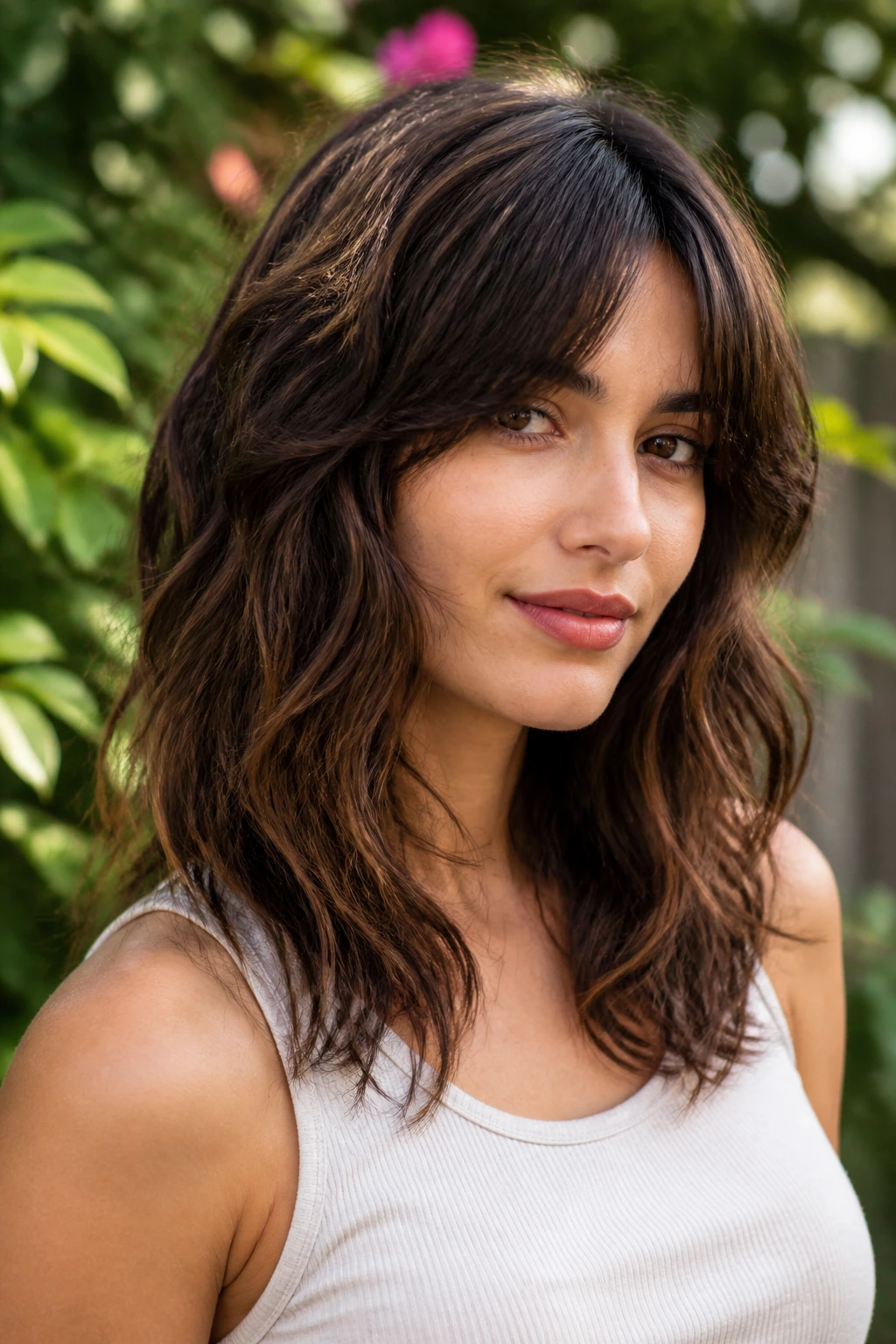 Medium close-up of a real person with razor-textured mid-length waves and light sides