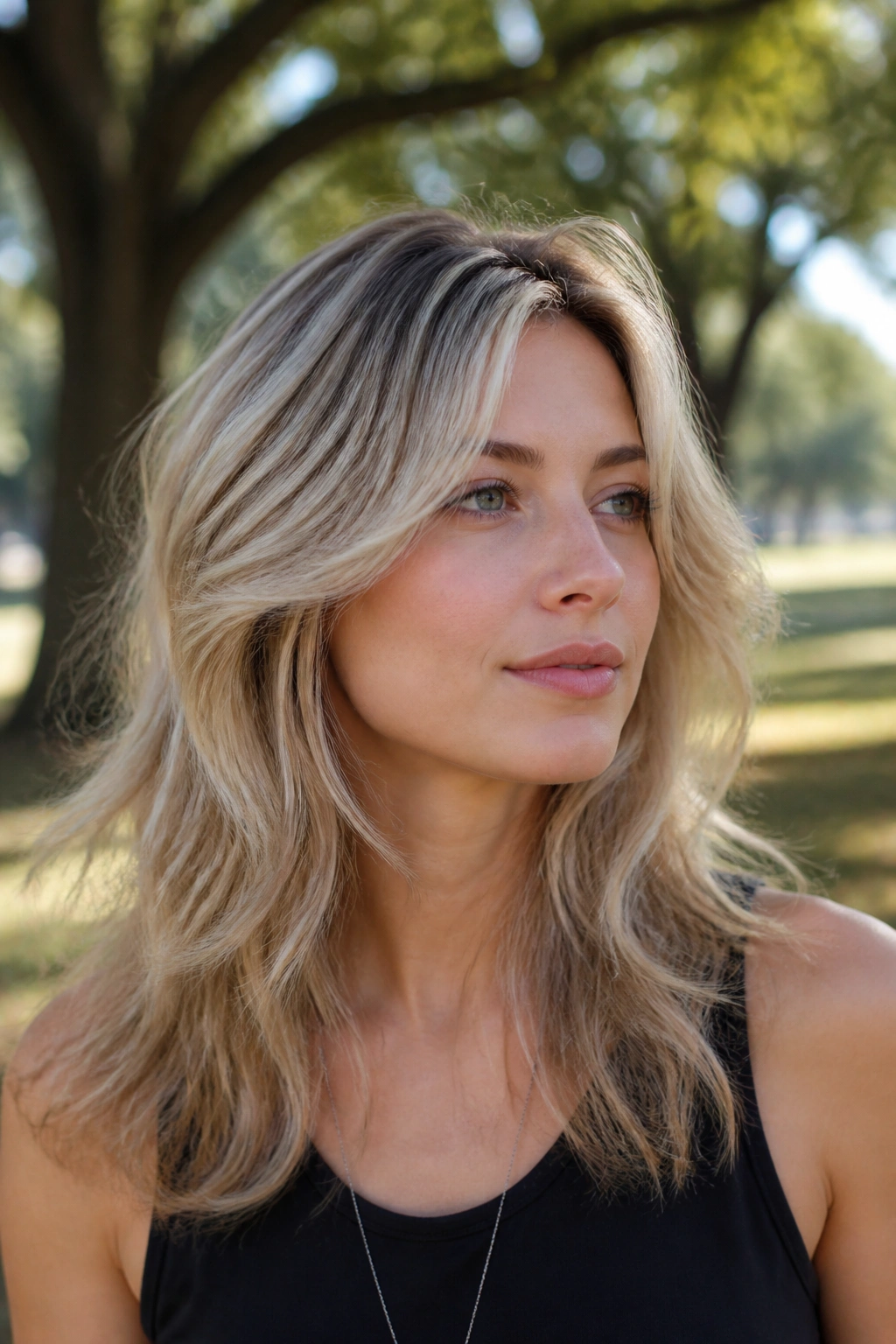 Real woman with razor layers on wavy fine hair in cool blonde