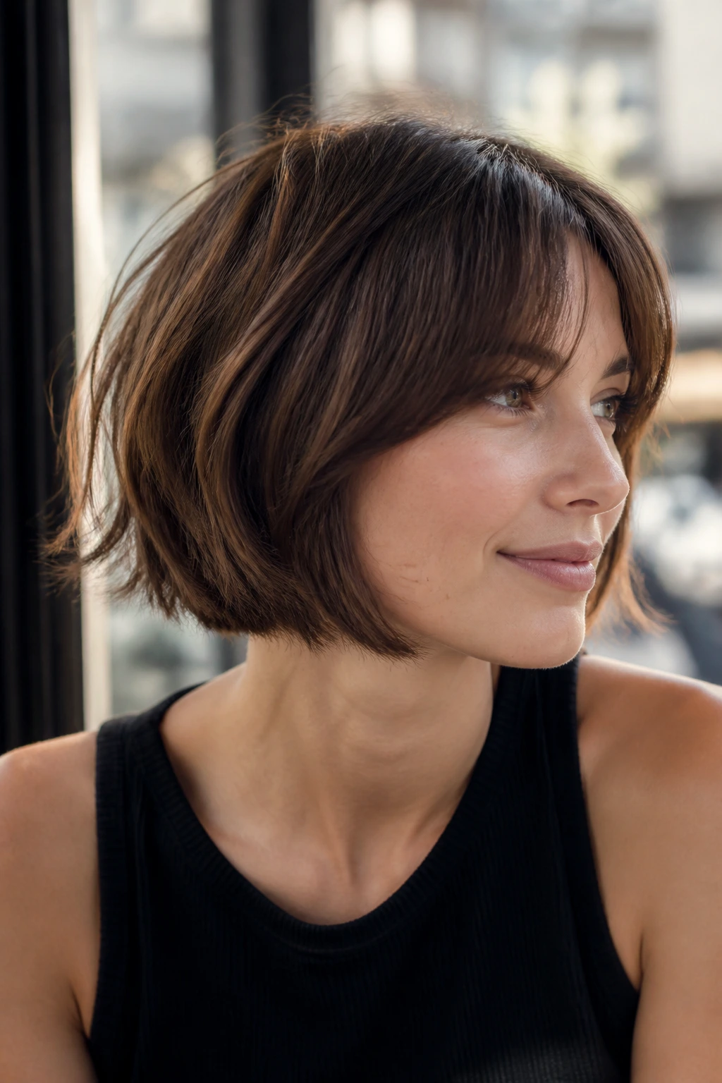 Close-up of a real woman with a razor-lifted bob and airy movement in a sunny cafe setting.