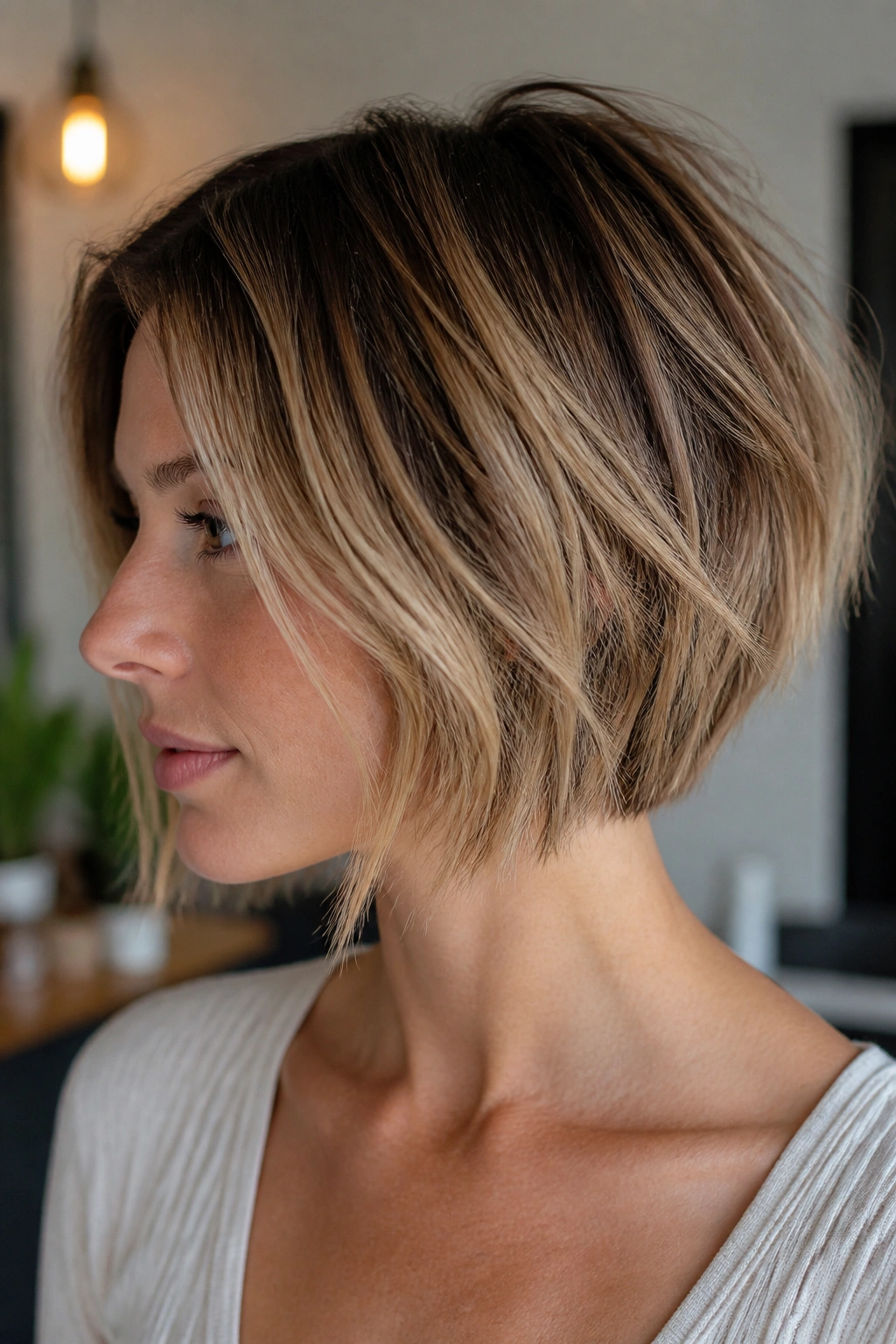 Close-up portrait of a real woman with Razor-Light Shattered Bob texture