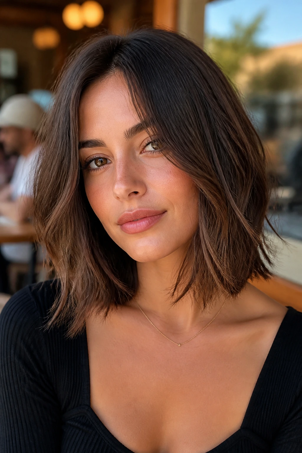 Close-up of a real person with a razor-cut lob exhibiting soft movement and feathered ends.