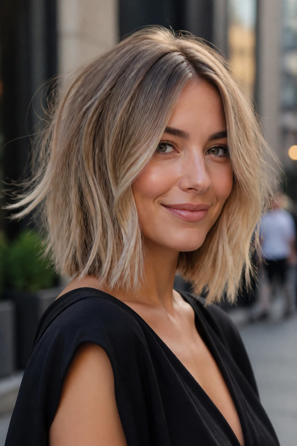 Smoky blonde razor lob on real woman with airy, razor-cut ends