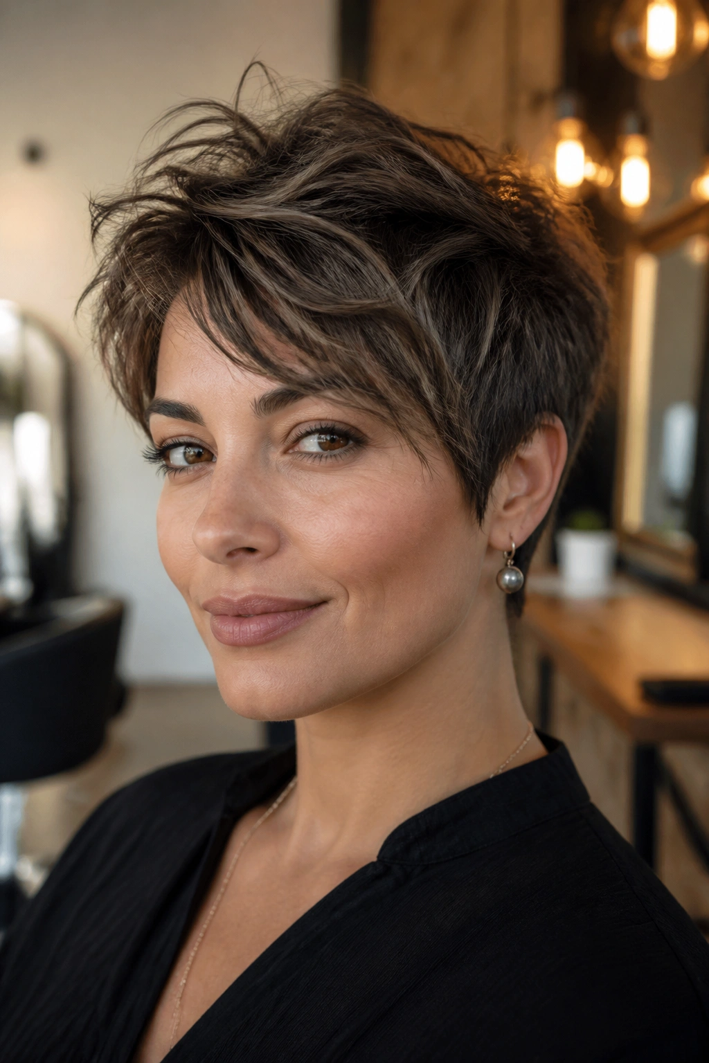 Portrait of real woman with razor pixie shag and long top layers, face framed by hair.