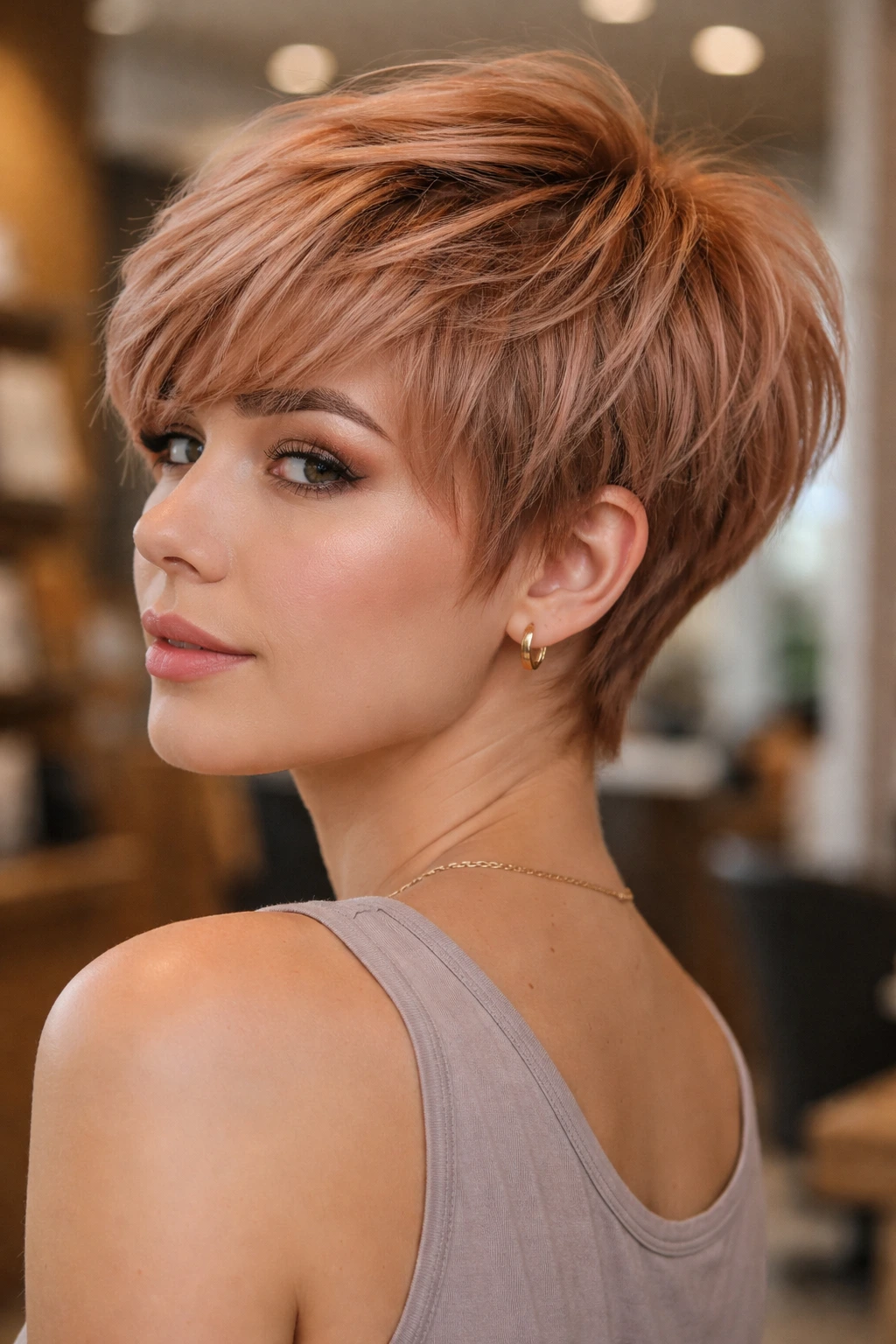 Medium close-up of a woman with a razor-cut strawberry pixie showing tapered ends in a salon setting