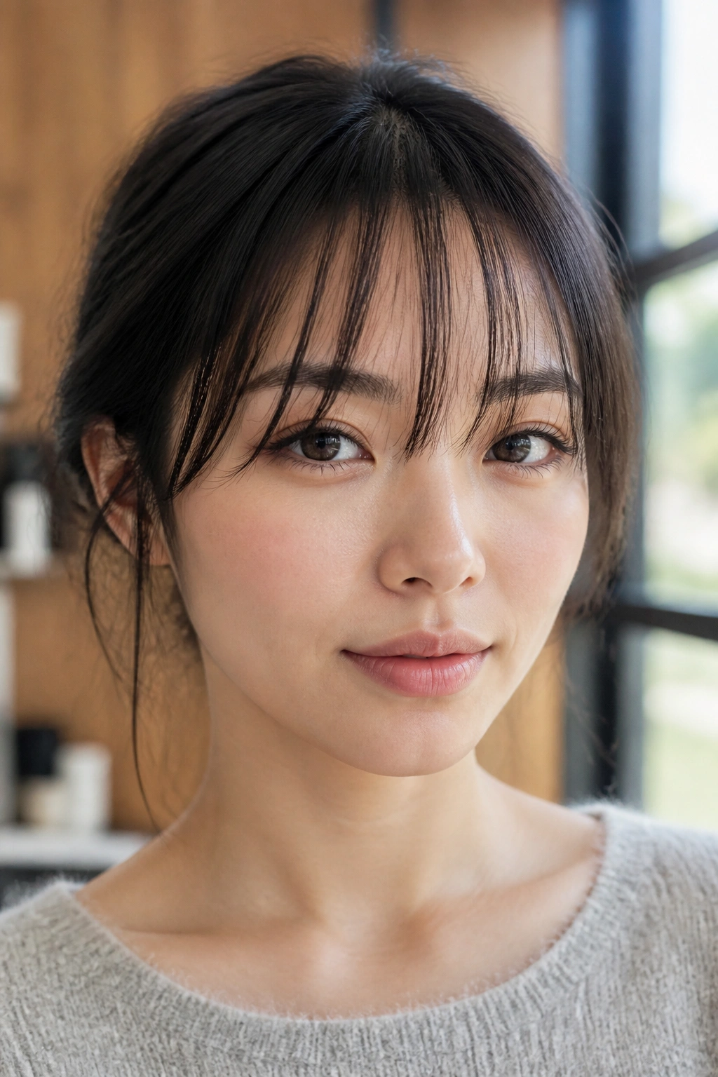 Close-up of see-through razor-cut bangs on a real person in a bright studio