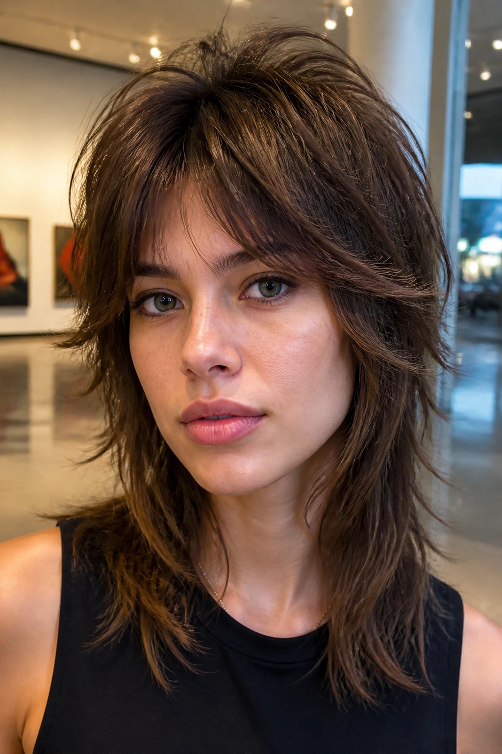 Close-up of a real person with a razor shag and airy crown volume in an art gallery setting
