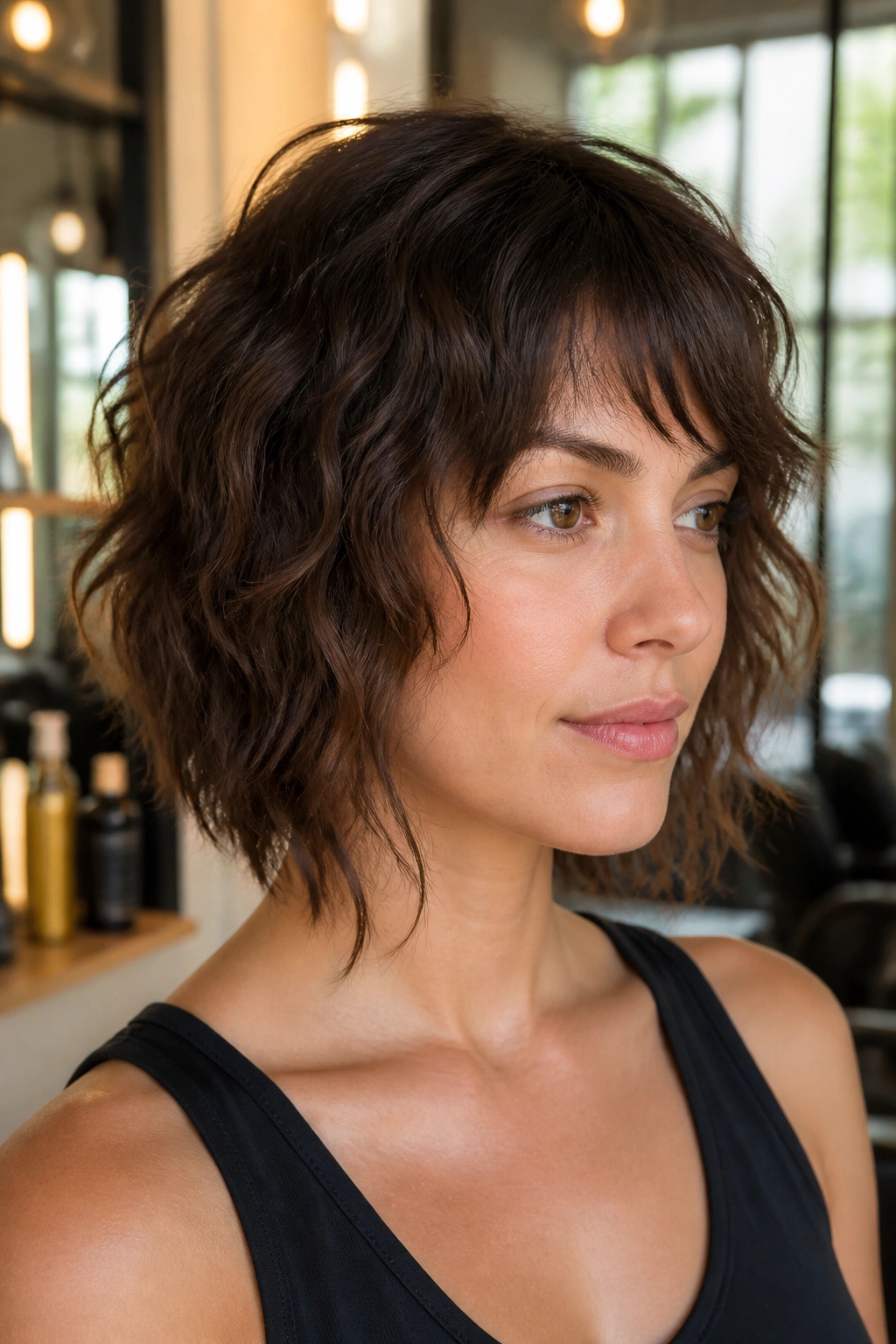 Close-up of a real person with Razor Shag With an Asymmetric Perimeter featuring off-center fringe