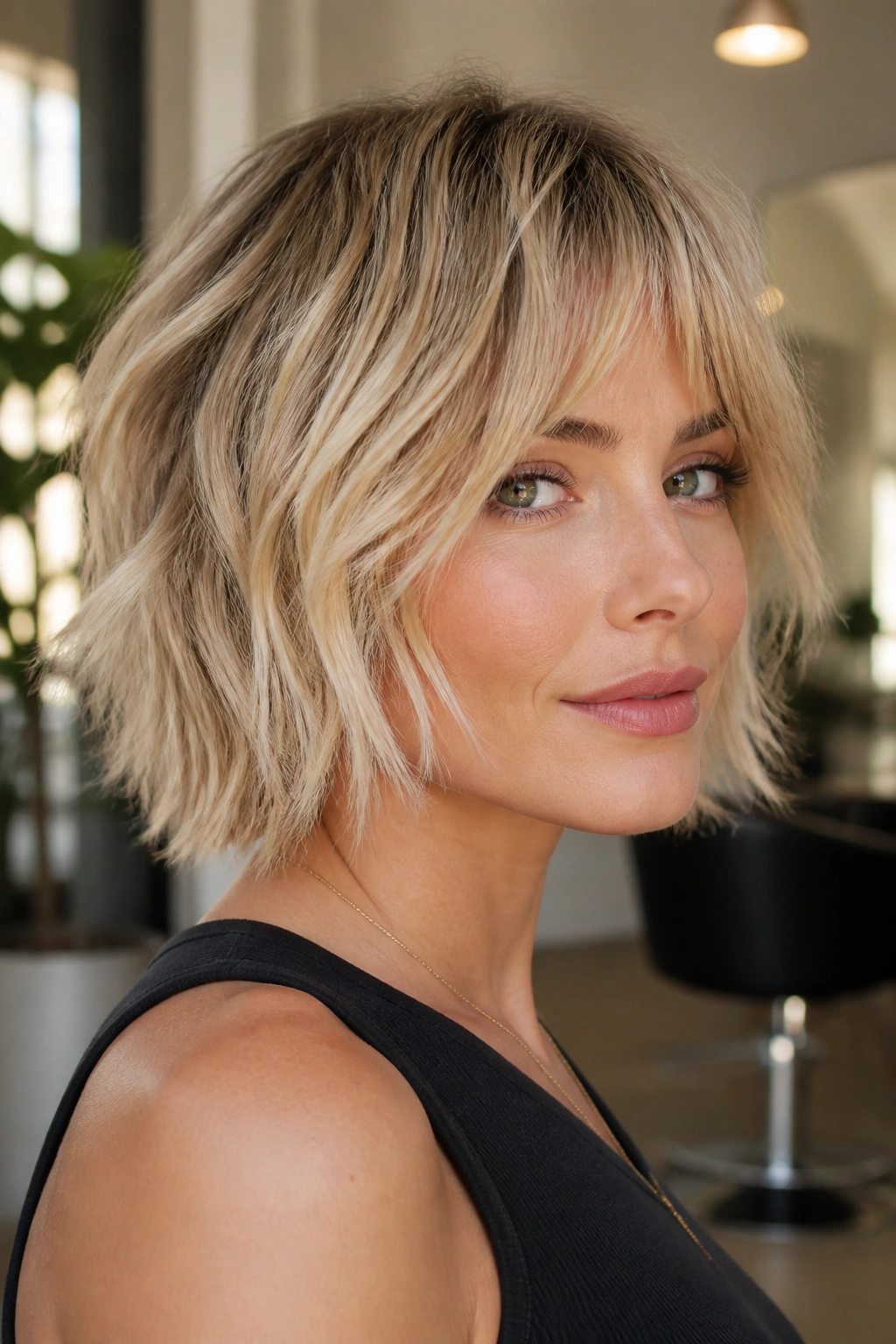Real woman with razor-shag bob and blonde highlights close-up